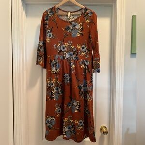 Burnt Orange Floral Stretch Midi Dress with Pockets